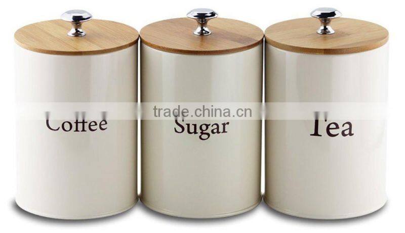 Set of 3 kitchen round metal storage canisters for tea sugar coffee