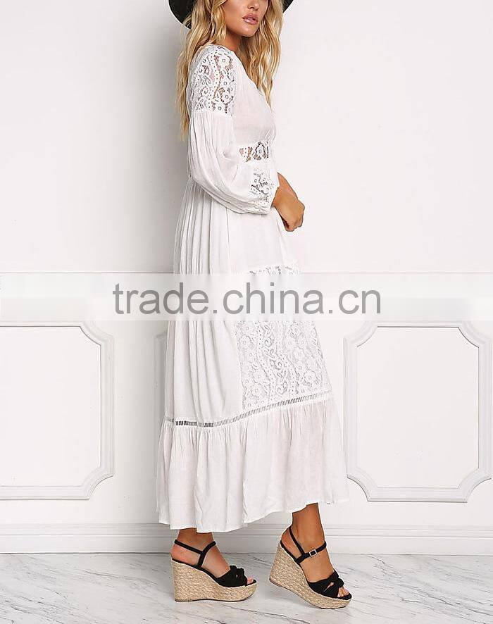 Off White Lace Trim Button Down Maxi Dress Long Frock Design HSd5221