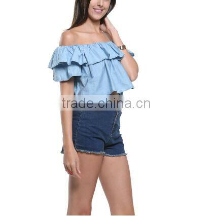 2016 Women Off Shoulder Ruffle Hem Sexy Slash Neck Cute Summer New Fashion Cotton Loose Blouse