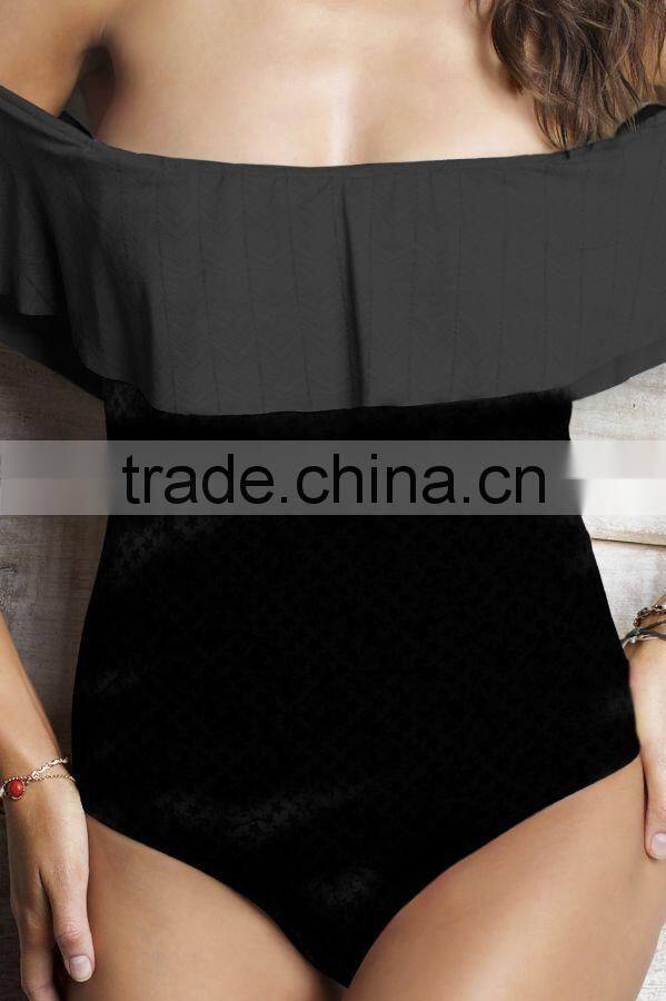ladies fashion black with big ruffle one-piece swimwear