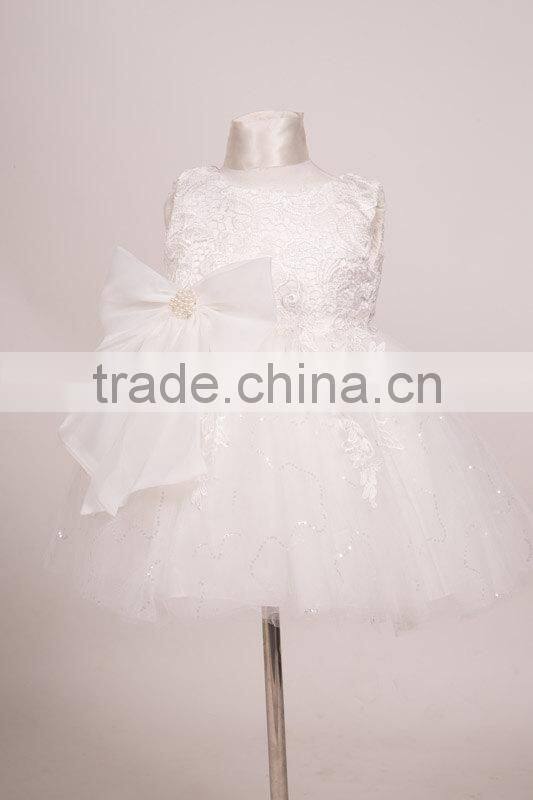 Modest Fashion Plain White Kids Fancy Girls With Bowknot Lace Dress