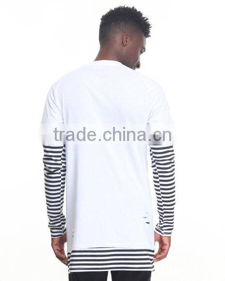 Crew neck tees sleeve color block Stripe Layer men's longline t shirt