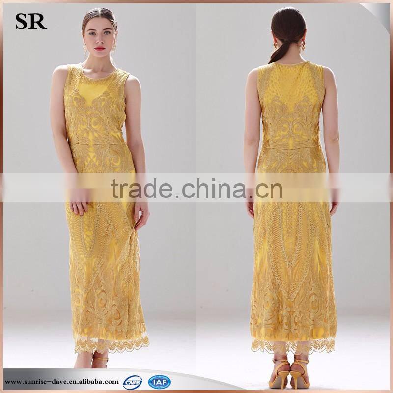 high quality fashion lady's party evening sleeveless gold lurex lace long dress