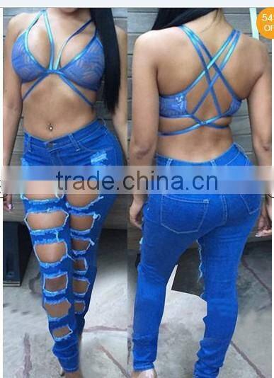 women brand pants Ladies Casual blue with waist-length Ripped distressed female jeans