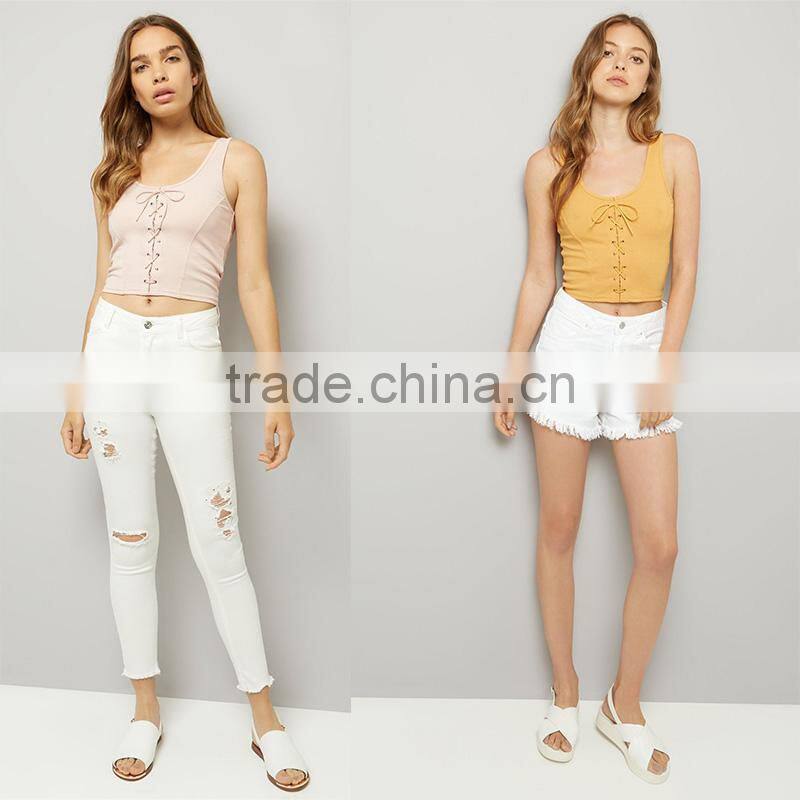 Wide shoulder straps lace up ribbed cropped tank womens black vest tops