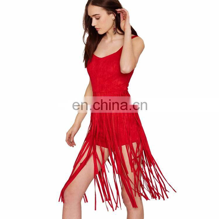 2016 V-neckline Adjustable Shoulder Straps Red Fringes Romper Sleeveless Bodycon Ladies Jumpsuit