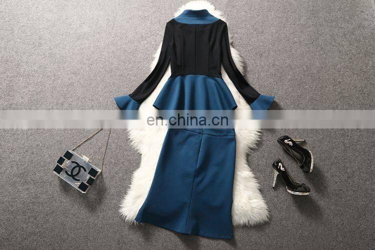 2016 blue boutique two piece flouncing dress mature female dress set wholesale
