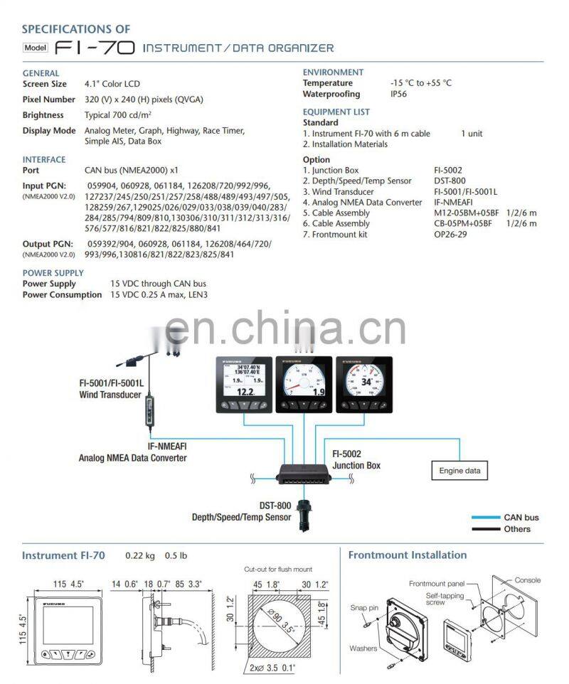 Marine electronics maritime navigation communication FI-70 NAVNET instrument data organizer use can bus network 4.1'' display