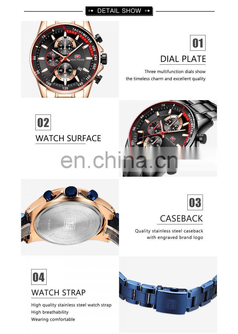 MINI FOCUS MF0218G Men's Quartz Watches Stainless Steel Strap Waterproof Chronograph Men Watches Wrist