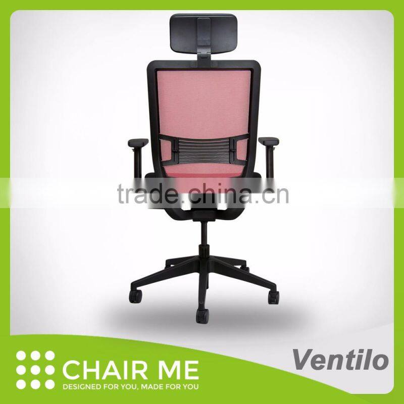 Ventilo office chair, red mesh chair, adjustable headrest, black bracket, adjustable seat, armrest, lumbar, nylon base