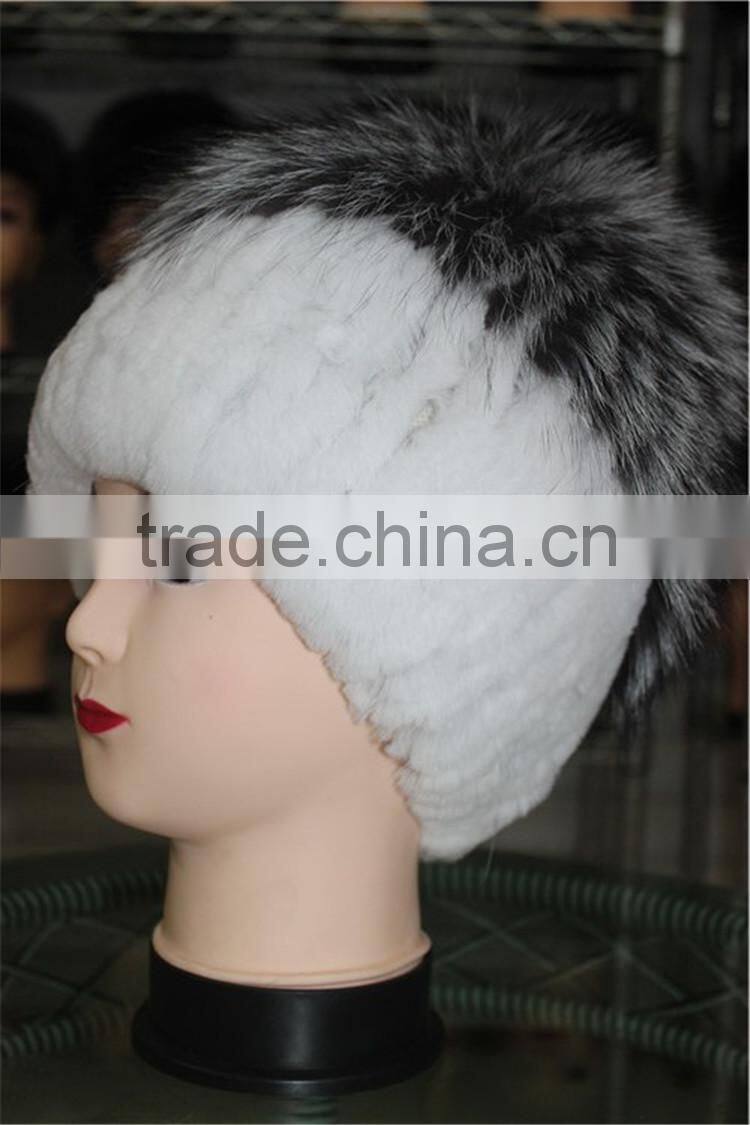 Charm Warm Fur Hat Real Rex Rabbit Fur With Silver Fox Fur Knitted Cap