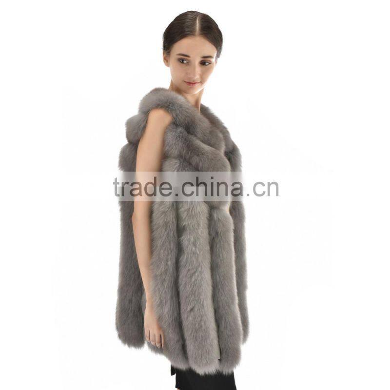 New Arrival Long Style 2015 Luxurious Whole Hide Big Bar Real White Fox Fur Vest With Trimming