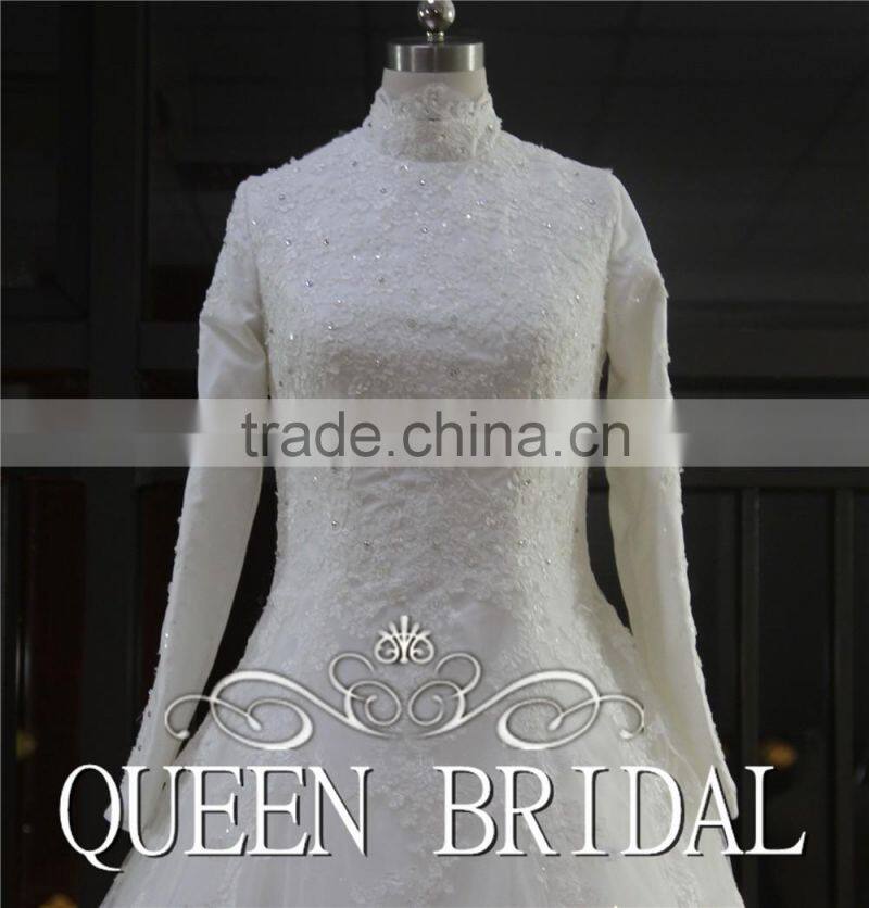 Real Works Appliques Muslim Bridal Wedding Dress Long Sleeve Ball Gown