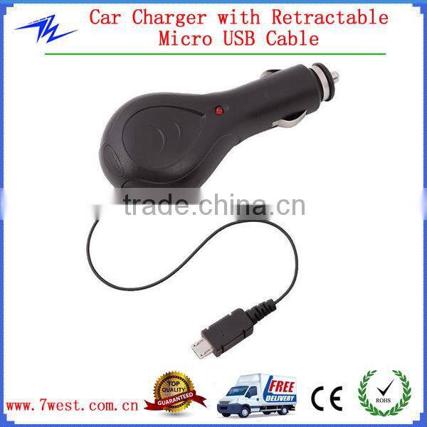 Car Charger with Retractable Cable,Mini USB Car Charge 5V 1000mAh with CE & RoHS