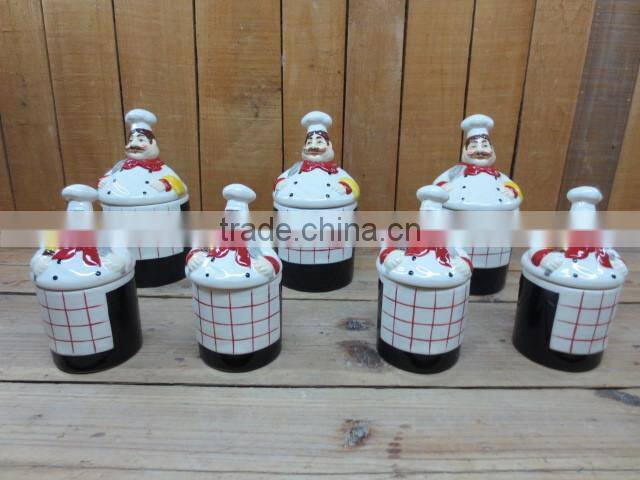 cute chef emboss ceramic salt and pepper shaker with wooden stand