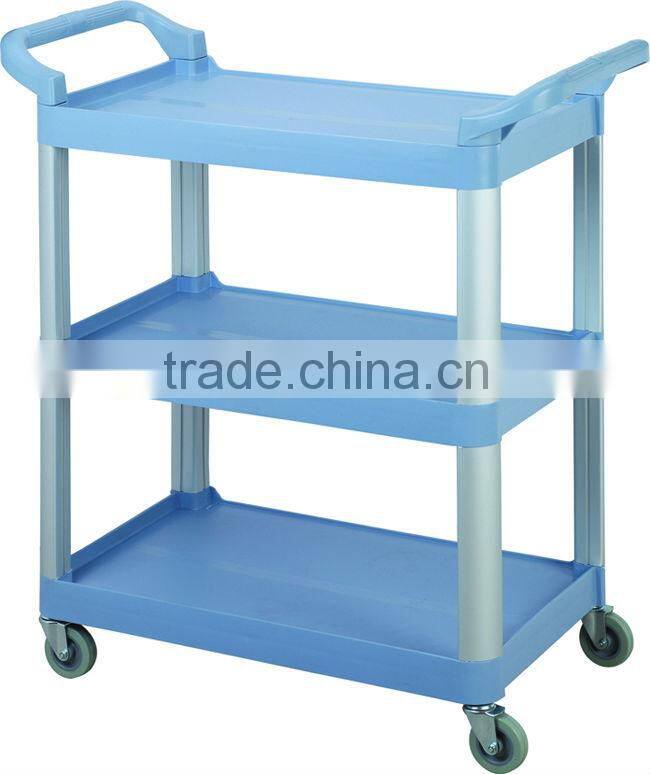 Small Size Plastic 3-tier Cleaning Room Food Service Collection Janitor Trolley with Cloth Bag