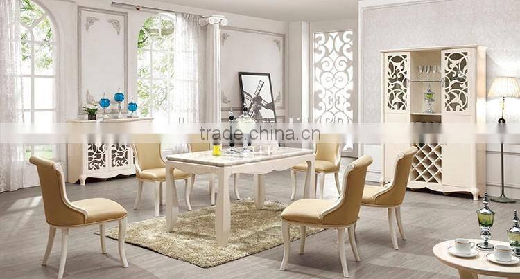 white lacqured luxury wooden dining room furniture sets with marble top dining table and leather chairs