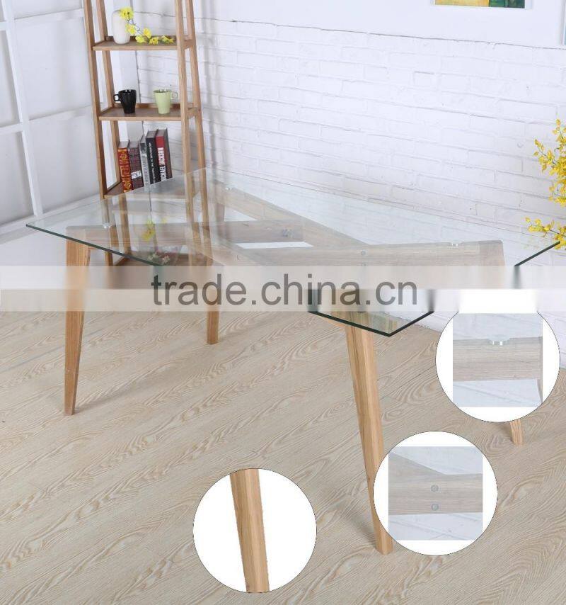 China Supplier Industrial Furniture Glass Dining Table with Wooden Legs