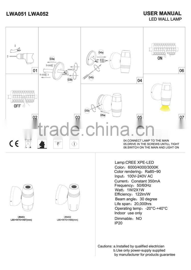 5 years warranty 2*1w up and down led surface wall light