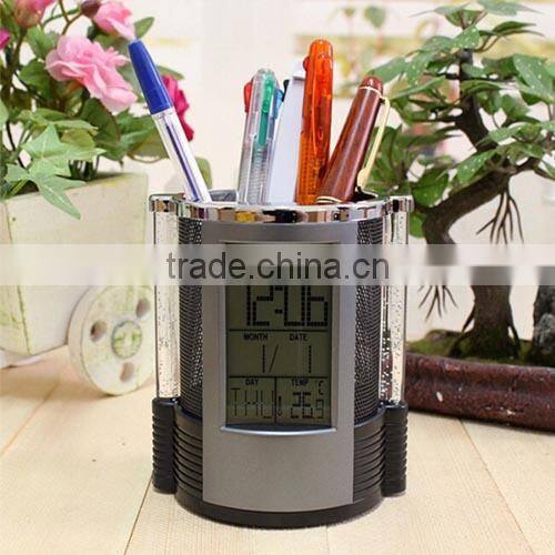 Digital LCD Desk ALarm Clock & Mesh Pen Holder Pens Rulers Office Tidy LED Light