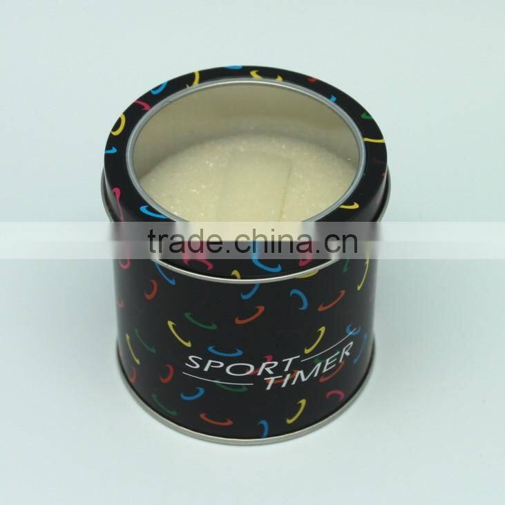 Wholesale with PVC window lids ponge inside logo and color printing round tin can manufacturer