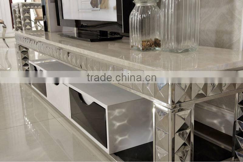 2014 modern design E338 living room furniture stainless and marble top italian design mdf TV stand