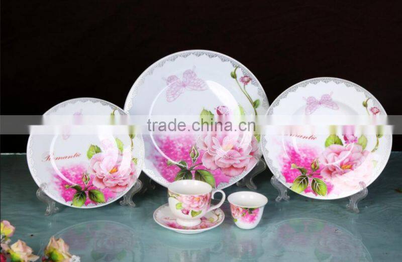 2017 new promotion item romantic porcelain 36pcs dinner set dinner plate with royal decal flower decal bu,tterfly decal