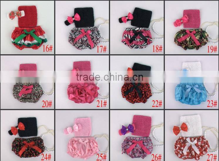 Hot sell Adorable baby diaper and crochet tube top3 sets , satin baby bloomers, baby ruffle bloomers