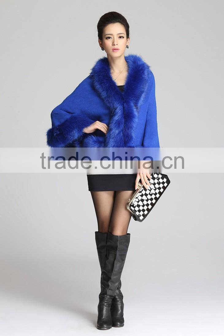 2015 winter fashion knitting with faux fox fur shawl woman cape