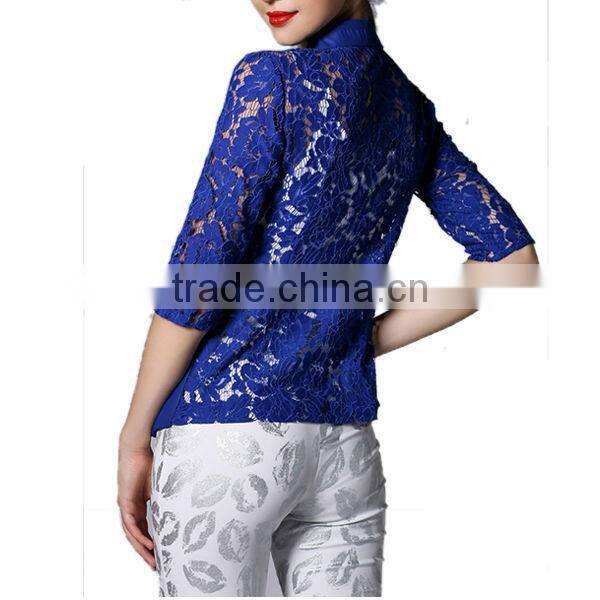 European design trendy half sleeve back lace fabric front button close ladies jacket