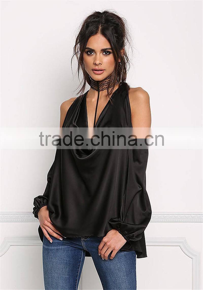 MGOO Custom Made 2017 100% Polyester Satin Silky Blouses Custom Factory Cowl Neck Tops Plain Long Sleeves Shirts