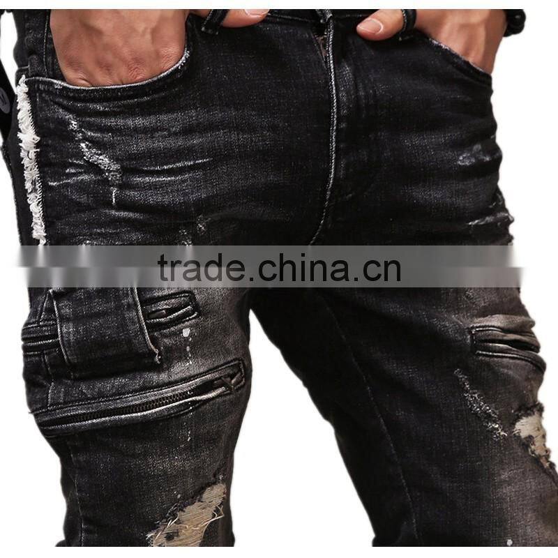 2016 new zipper jeans balck men jeans biker Skinny jeans slim Biker jeans pants in stock accept small order