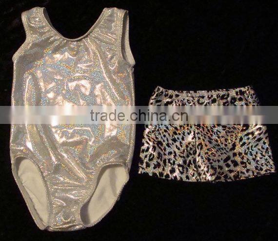 Gymnastic leotard in silver/white twinkle with silver/white twinkle and black flocked animal print shorts save