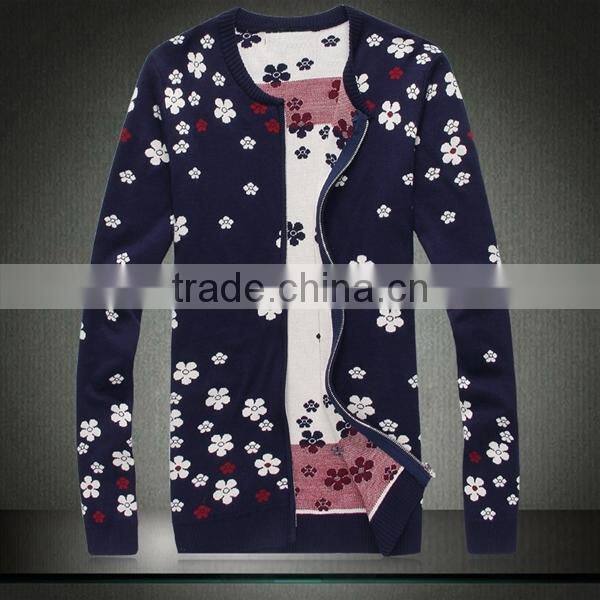 Jacquard Knitted Allover Flower Pcrew Neck Men Cardigan Sweater