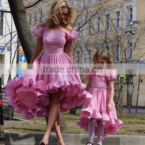 Lovely Two Pieces Mommy and me maxi Matching Dress Pink Hi low Ruffle Girls Evening Dresses