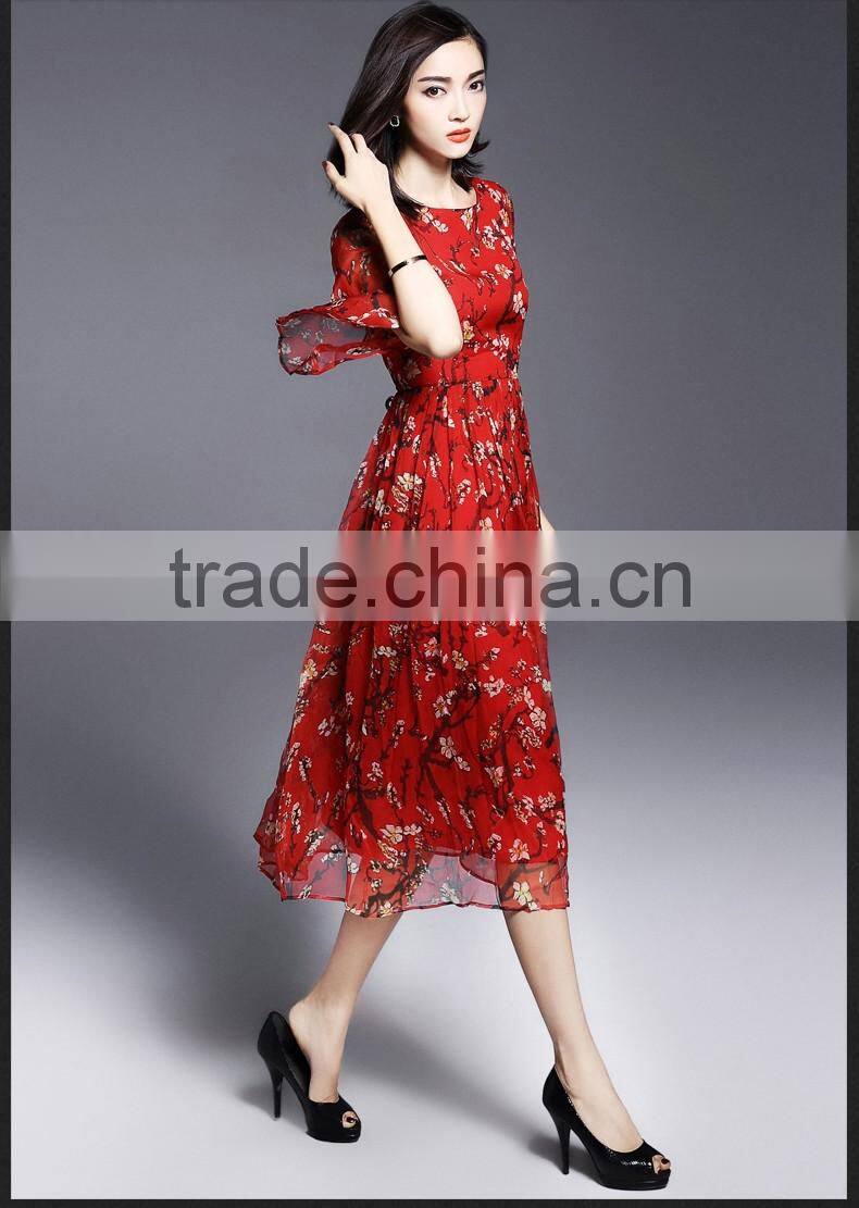 high quality real silk half sleeve round neck printed summer long dress latest dress designs