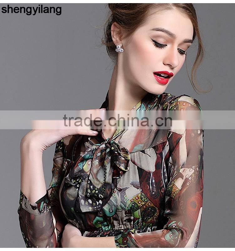 womens latest high quality printed chiffon traditional slim fitted dresses with bow
