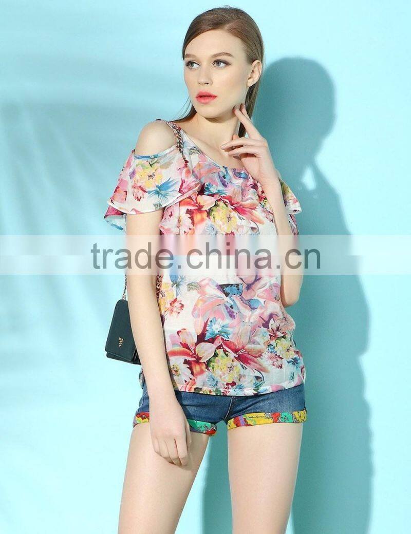 Ladies Summer Sweet Thin Cool Shoulder Drill frill Chiffon Tops