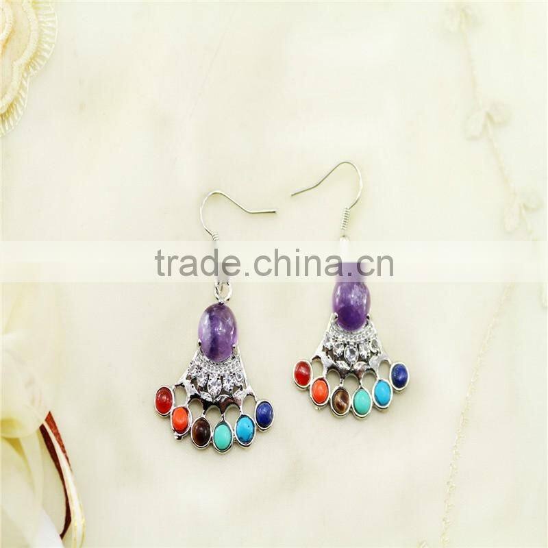 Chakra Amethyst Natural Stone Crown Drop Earrings