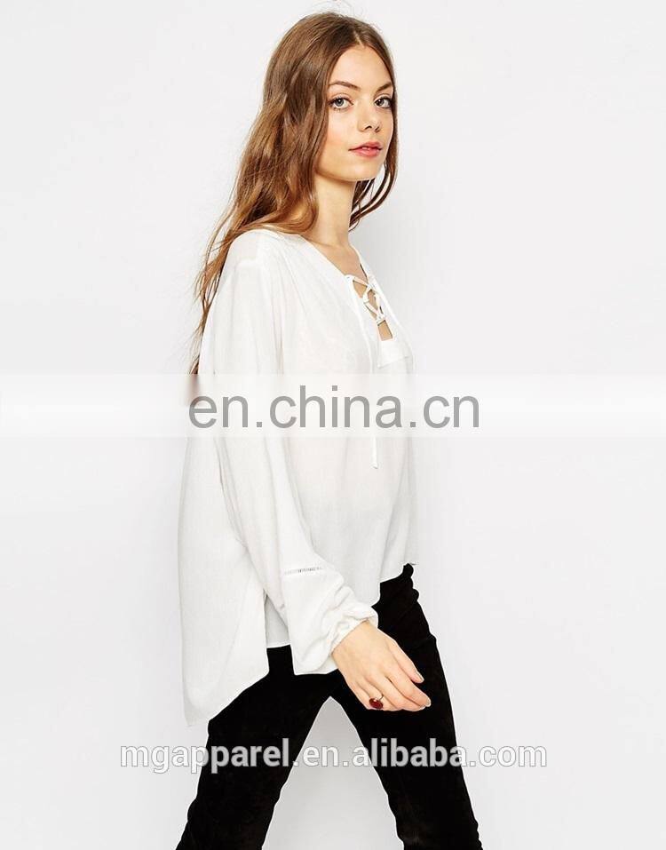 Wholesale Lace Up Folk fashion white long sleeve blouse for women