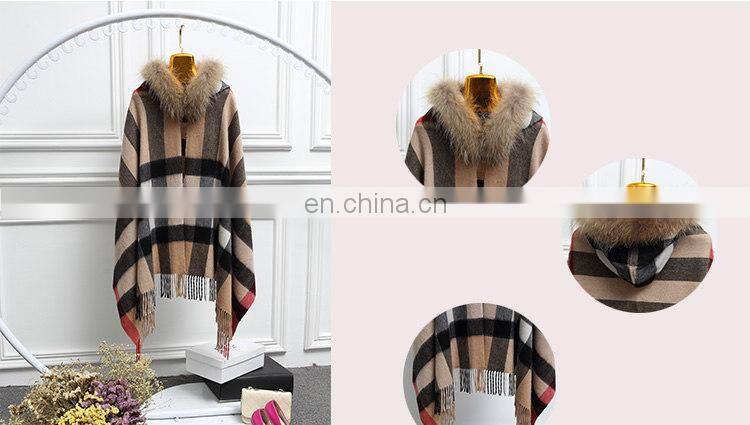 Fashion Women Real Raccoon Fur Hood Shawl Wool Cashmere Scarves Shawls