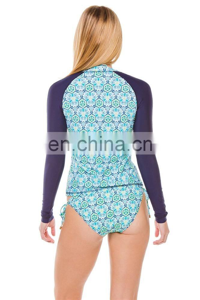 Custom logo design zipper front straps tied bottom long sleeve stretch lycra women compression sublimated rash guards
