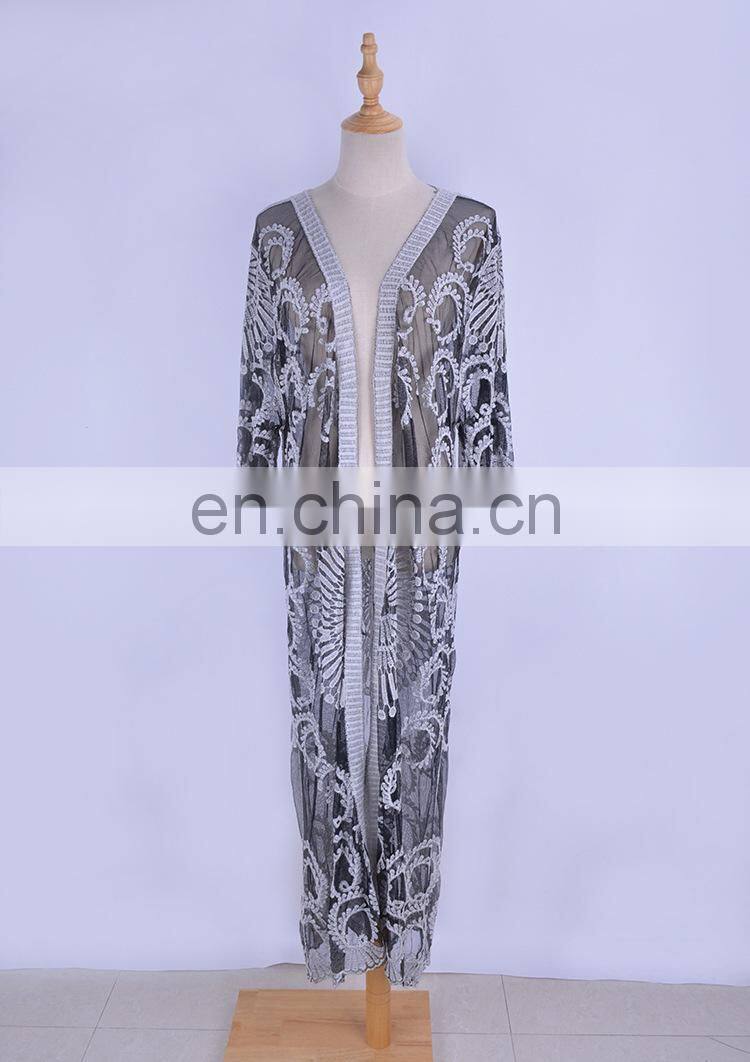 2019 New Sexy See Through Hollow Out Embroidered Long Kimono Cardigan Summer Beach Wear Women Tops and Blouse Chiffon Shirt