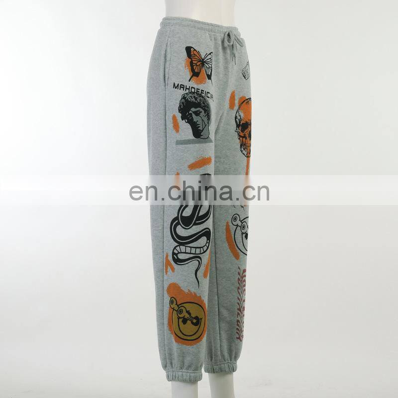 2021 autumn and winter new fashion street trend multi-pattern printing strap thick warm casual pants