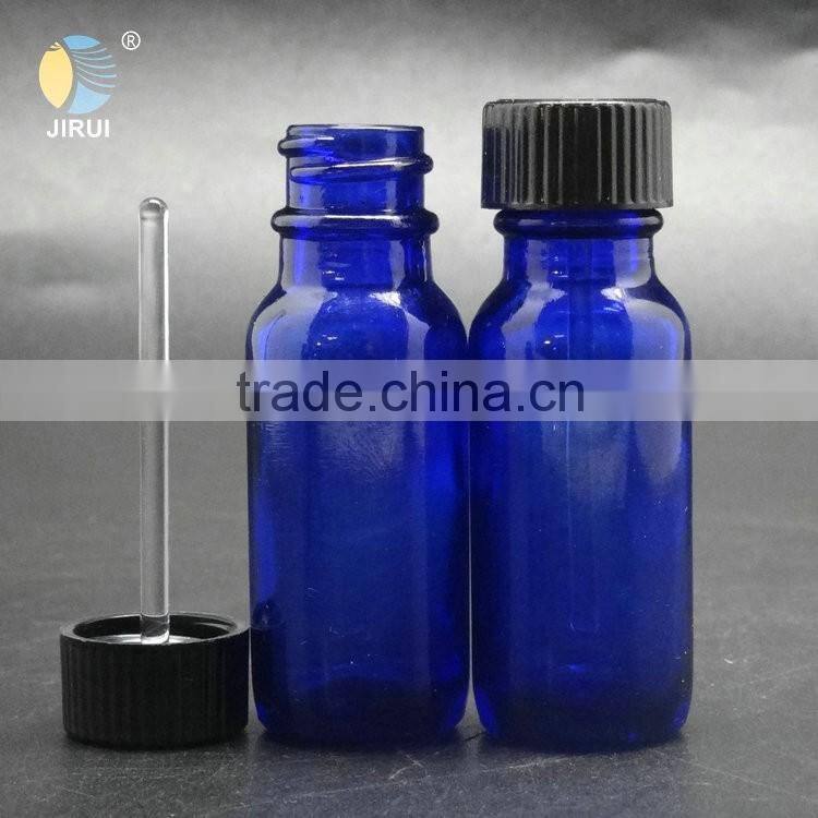 15ml blue boston round glass bottle with plastic cap and glass rod