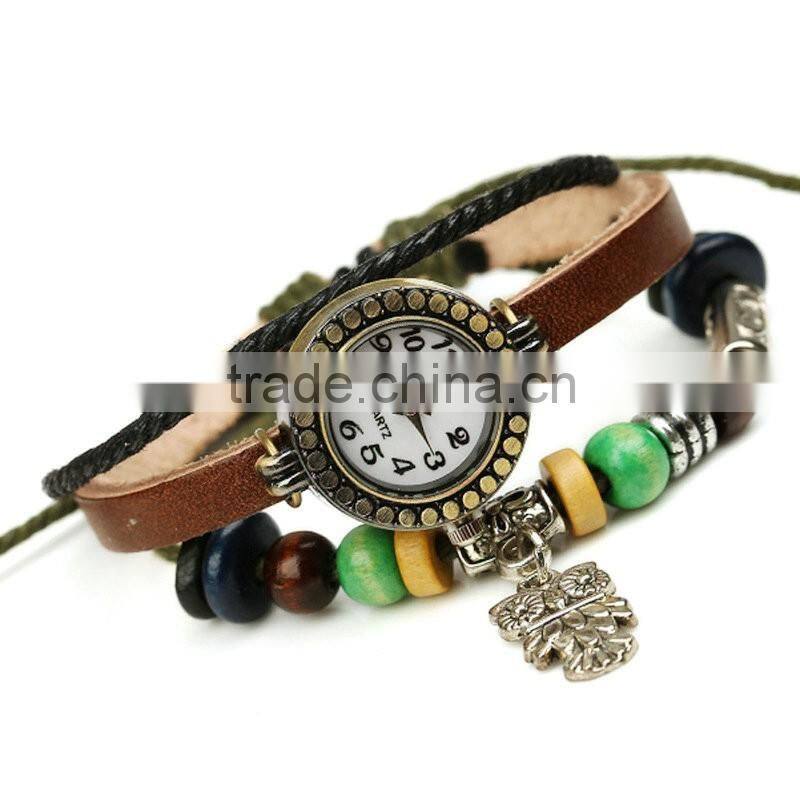 2016 fashion design leather cord bracelet watch multilayer leather wrap chain watch bracelet key charms