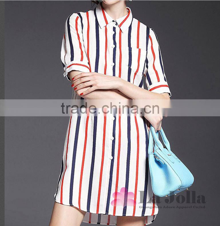 Lastest Summer Long Style Colorful Stripes Short Sleeve Blouse 093