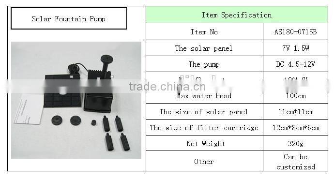 7V 1.5W Low Noise Portable Solar Pond Pump