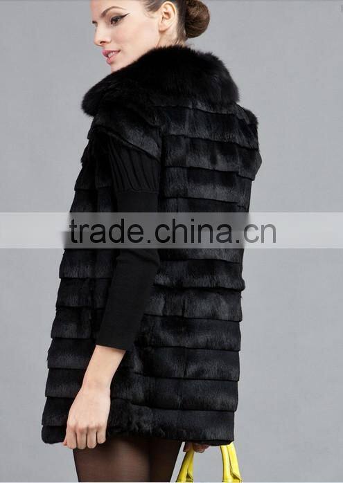 rex14058 new style fashion women rabbit fur vest black