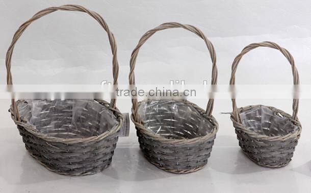 3pcs oval grey wicker flower baskets /potswith handle